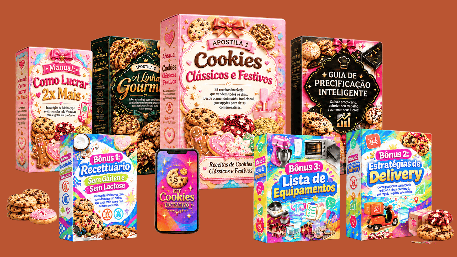 Kit Cookies Lucrativo completo: 2 apostilas, guia de precificação, manual, 4 bônus e aplicativo